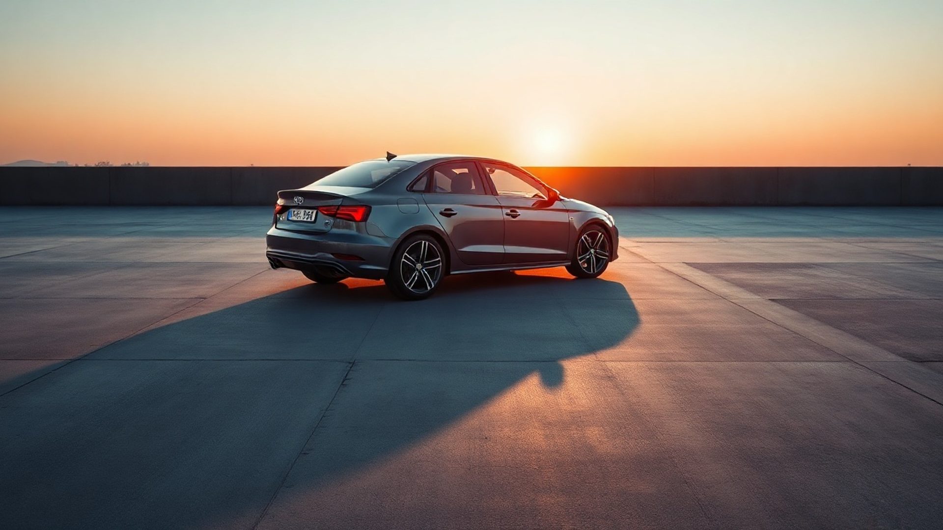 Automobil na otvorenoj betonskoj podlozi u zlatnom svjetlu